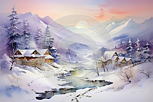 Watercolor Seasons: Snow-Covered Village