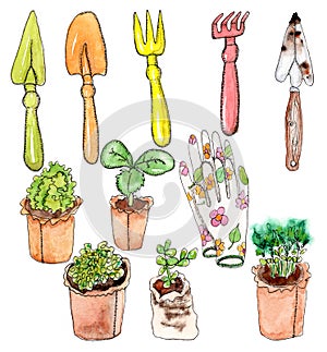 Watercolor seedle and garden tools