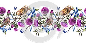 Watercolor seqamless border with pair of birds on a branch, thistle, berries