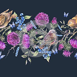 Watercolor seqamless border with pair of birds on a branch, thistle, berries