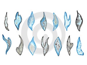 Watercolor set of Abstract Blue leaves, Decorative grey leaves