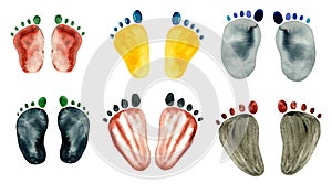 Watercolor set of abstract human footprints, stone feet