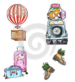 Watercolor adventure, travel and journey icons set