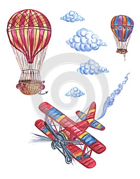Watercolor set of air transport and clouds. Retro style balloons and plane