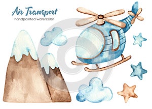 Watercolor set of air transport with helicopter, mountains, clouds and stars