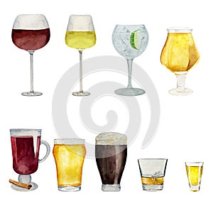 Watercolor set of alcohol drinks in glasses and shots beer, ale, wine, cider, tequila, whisky, gin tonic