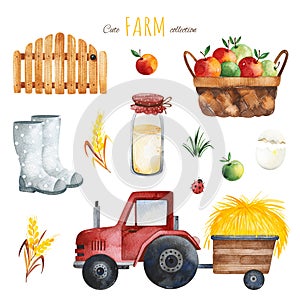 Watercolor set with apples,tractor,haystack, milk bottle,boots,wooden fence