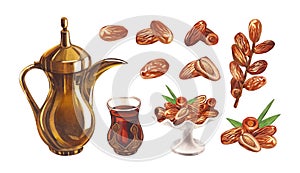 Watercolor set arabian tea pot, cup and dry palm dates fruit. Hand-drawn illustration isolated on white background