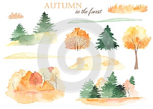 Watercolor set with autumn landscapes with autumn trees, firs, pines, grass, glades