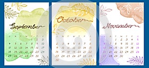 Watercolor Set Autumn month Calendar template for 2022 year. September, Oktober and November. Week Starts Sunday. Green