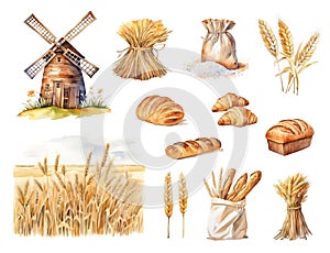 Watercolor set of bakery elements with rustic windmill, sheaves of wheat, flour sack, various bread loaves, and croissants