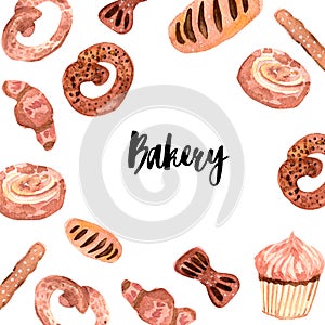 Watercolor set of baking. Buns, cupcakes