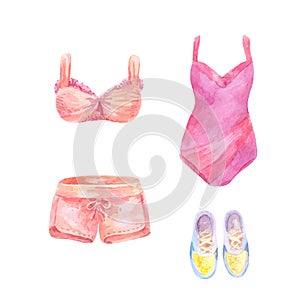 Watercolor set of beachwear, women`s clothes