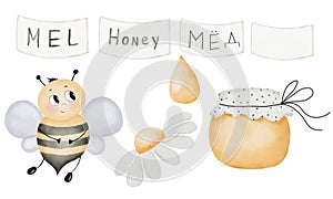 Watercolor set of a bee, a jar of honey and stickers with an inscription. Set ready for World Beekeepers Day on a white