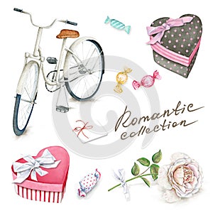 Watercolor set with bicycle, boxes, sweets and rose