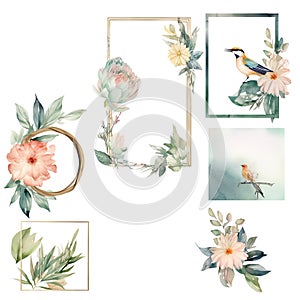 Watercolor Set of Birds with Flowers and Three