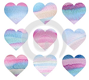 Watercolor set of blue and pink gradient hearts. Valentine's day decoration. Hand-drawn illustration of rainbow hearts.