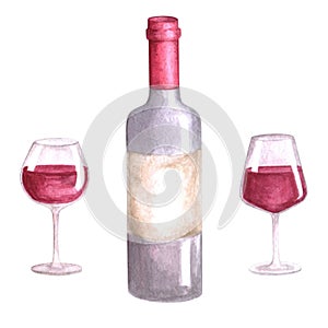 Watercolor set of bottle and glasses of different shapes with red grape wine.