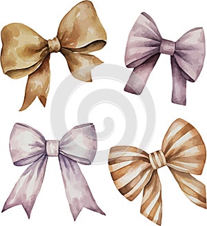 Watercolor set of bows, coiled ribbons include color beige and purple, isolated on white background.