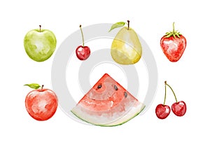 Watercolor set with bright juicy cute fruits