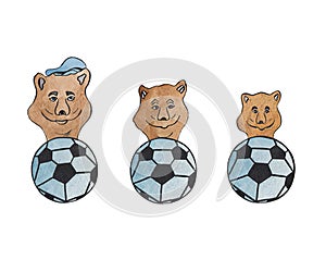 Watercolor set of brown little bears and blue soccer balls