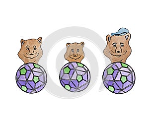 Watercolor set of brown little bears and violet soccer balls