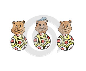 Watercolor set of brown little bears and yellow soccer balls