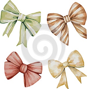 Watercolor set of brown, yellow, pink, green bows, coiled ribbons.