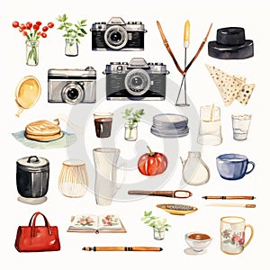 Watercolor Set Of Camera Accessories And Everyday Life Objects