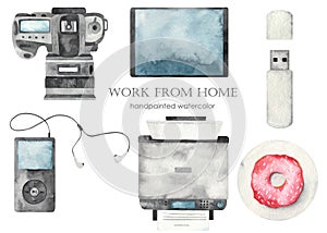 Watercolor set with a camera, audio player, printer, flash drive, player, donut