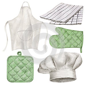 Watercolor set of chef& x27;s textiles, apron, towel, chef& x27;s hat, hot potholders. Kitchen uniform for cooking on a