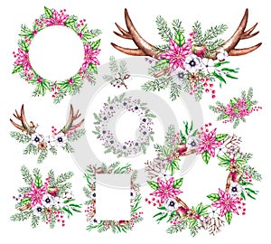 Watercolor set of Christmas bouquets, frames, wreaths, horns