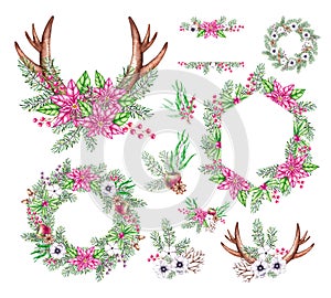 Watercolor set of Christmas bouquets, frames, wreaths, horns