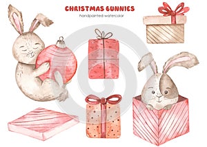 Watercolor set with Christmas bunnies, gifts, Christmas decorations, symbol of the year 2023