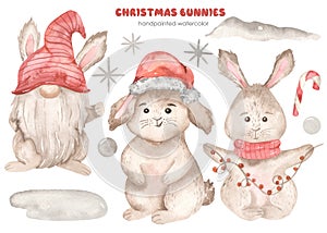 Watercolor set with christmas bunnies, gnome bunny, snowflakes, symbol of the year 2023