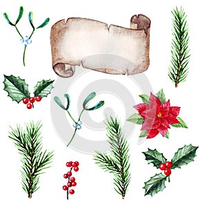 Watercolor set of Christmas decorations, cozy elements, evergreen coniferous tree branches, berries and leaves, scroll