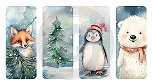 Watercolor set of Christmas gift tags with fox, pine tree, penguin and polar bear isolated on white background