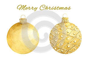 Watercolor set of christmas gold balls isolated on white background.