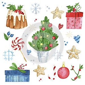 Watercolor set for christmas, new year. collection with cute drawings of gifts, snowflakes, Christmas toys, Christmas tree isolate