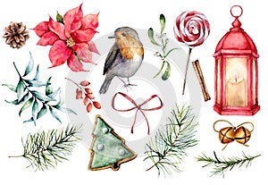 Watercolor set with Christmas symbols. Hand painted winter plants, bullfinch bird, decor isolated on white background