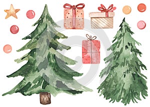 Watercolor set with Christmas trees, gifts, fir trees, Christmas tree decorations, star, for greeting cards