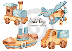 Watercolor set clipart with children wooden toys transport