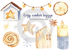 Watercolor set clipart cozy winter hygge with wooden houses, candle, garland, lantern, bun
