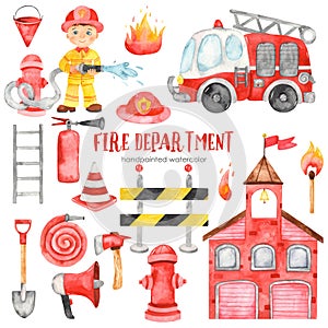 Watercolor set clipart with cute cartoon fire station, fireman, fire truck and fire equipment for kids