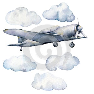 Watercolor set with clouds and airplane. Hand painted sky illustration with aircraft isolated on white background. For