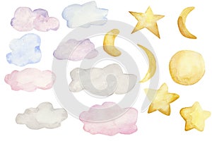 Watercolor set clouds moon month illustration