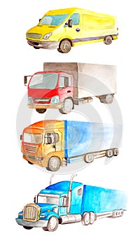 Watercolor set collection of vehicles  truck, lorrie, van in different colors, type and classification in white background