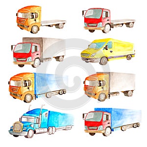 Watercolor set collection of vehicles  trucks, lorries, vans in different colors, type and classification in white background