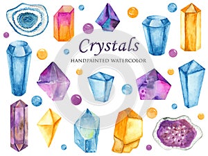 Watercolor set of colored crystals, gems and beads. photo