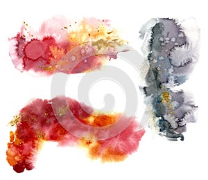 Watercolor set with colored splash on white background. The color splashing in the paper. Hand drawn watercolor texture